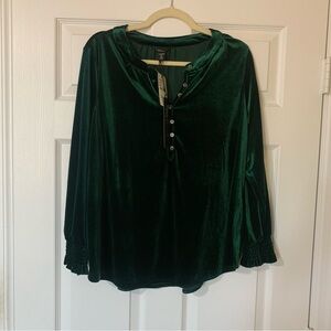 NWT Intro. Green Velvet Blouse Size PL Luxe Stretch Top Minimalist Feminine